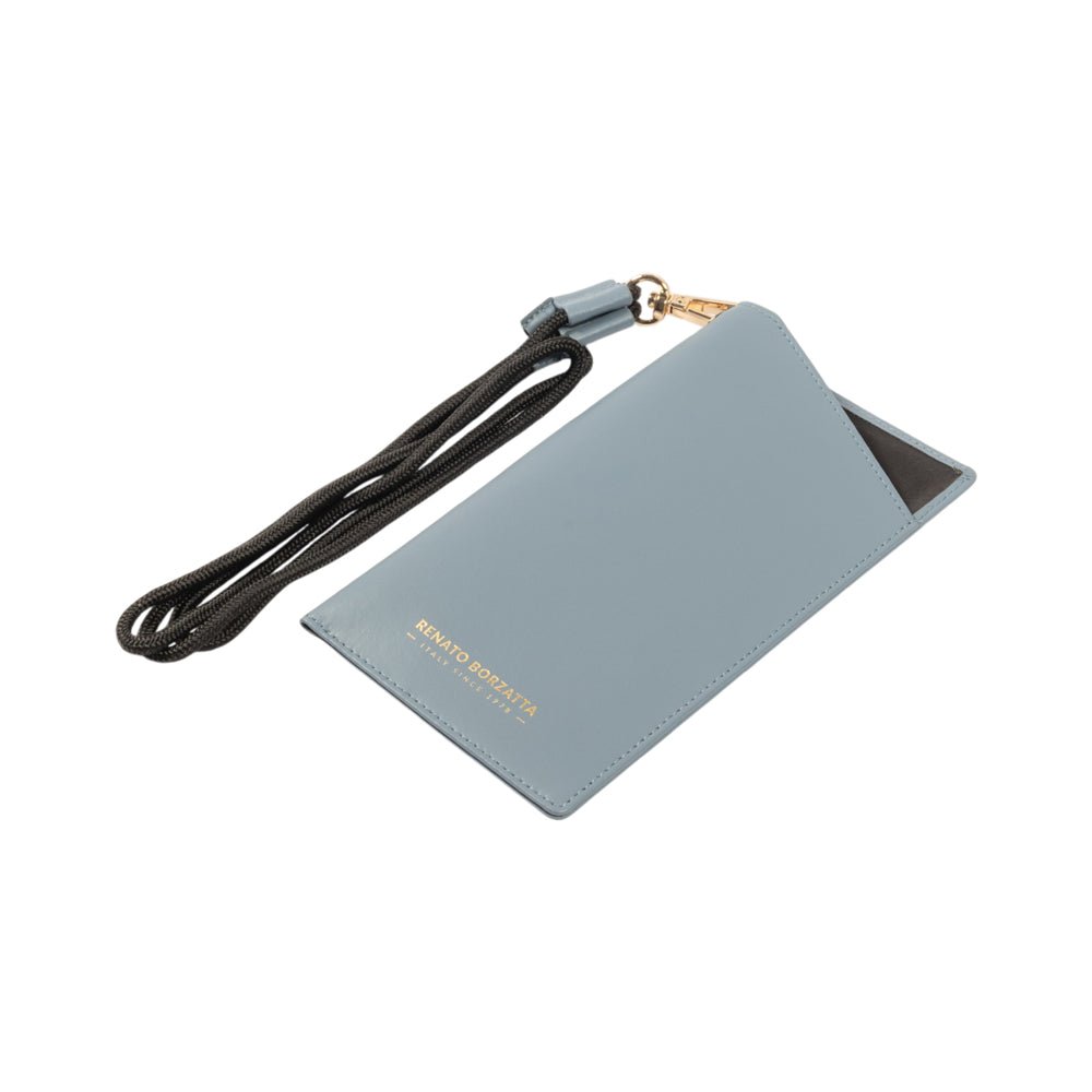 RB1087P | Brillen-/Smartphone-Halter mit Schultergurt, hergestellt in Italien aus echtem, glattem, mattem Leder. Luftfahrtfarbe