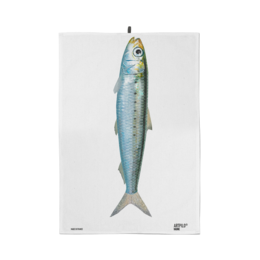  Decorative fish cotton tea towel in blanc or bleu vif colors, featuring a realistic illustration of a fish.