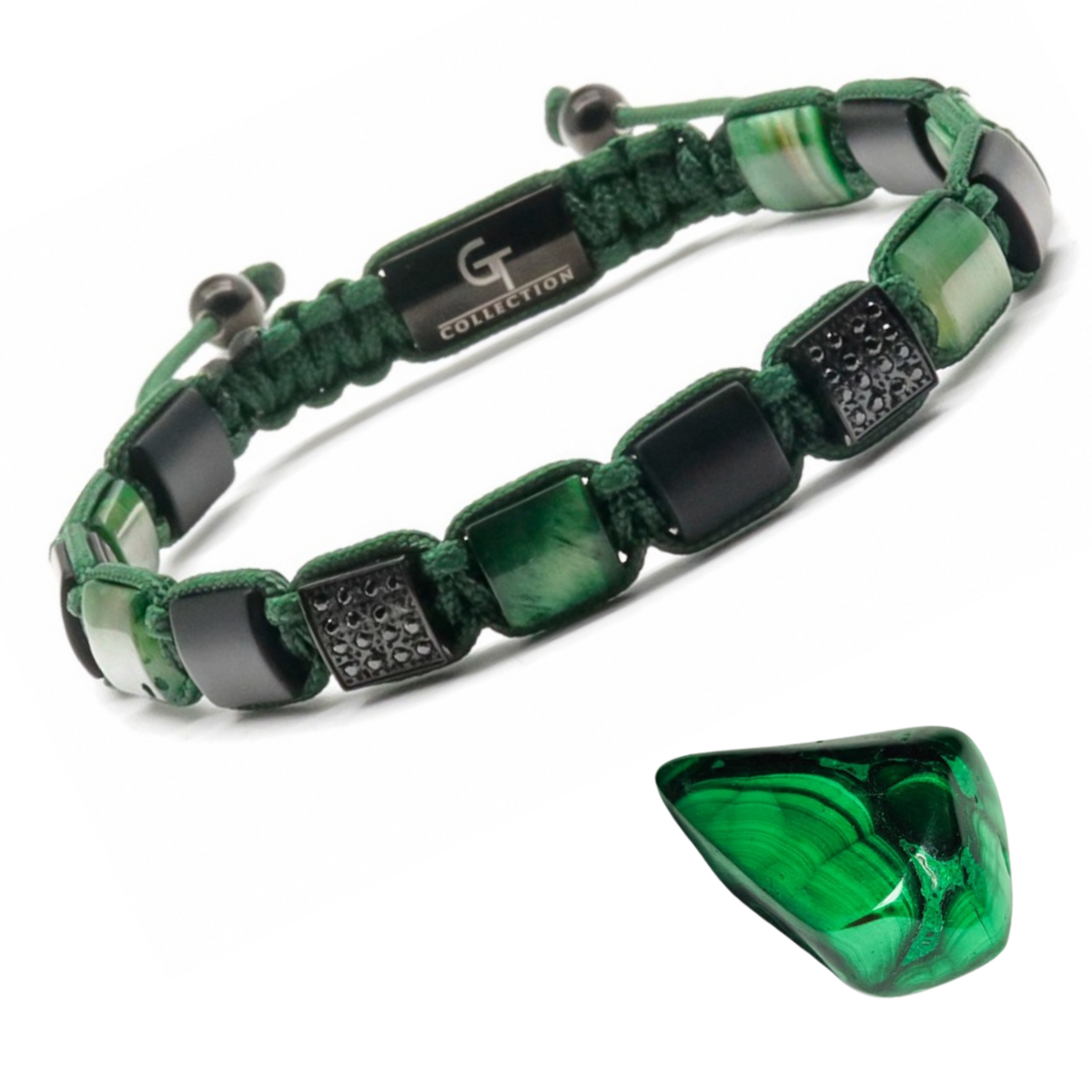Mænds grønne tiger øje, sort onyx flad perle armbånd