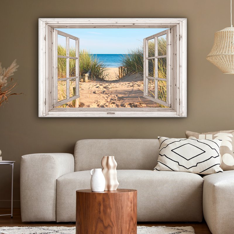 Canvas Maleri - Wall Decoration - View - Beach - Sea - Dunes - Sand - Water - Helmgras