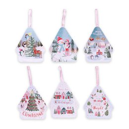 House-shaped tin storage jar, Christmas holiday design, festive winter scenes, decorative metal container with hanging loop.
