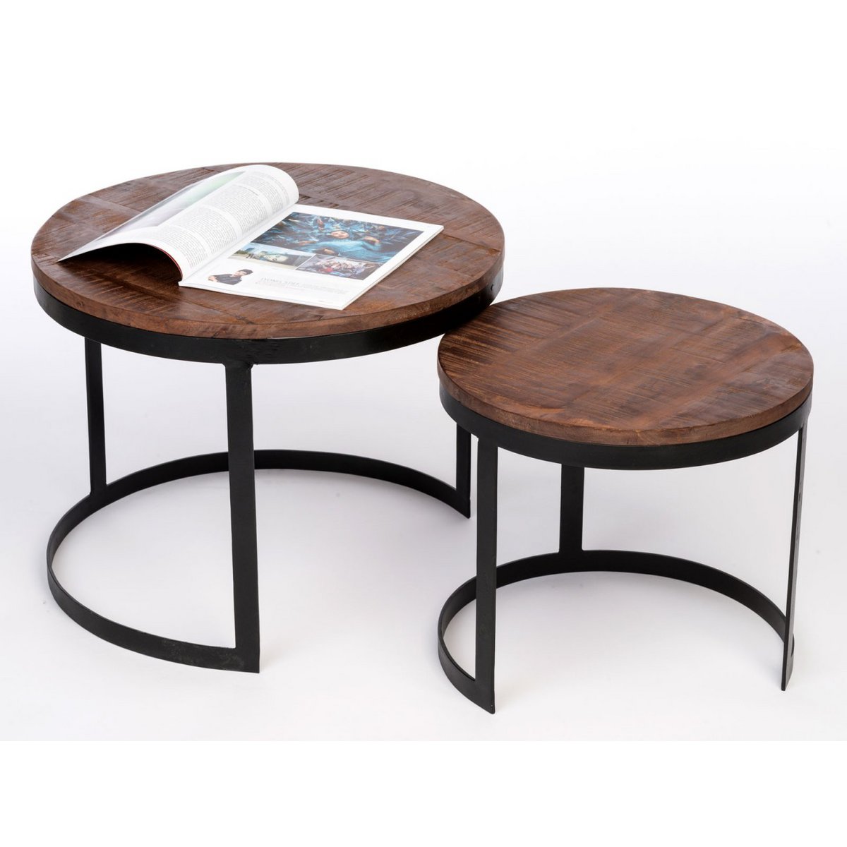 Mesa de centro, juego de 2, mesa auxiliar, mesa de salón, estructura redonda de metal Austin, plata antigua o negro