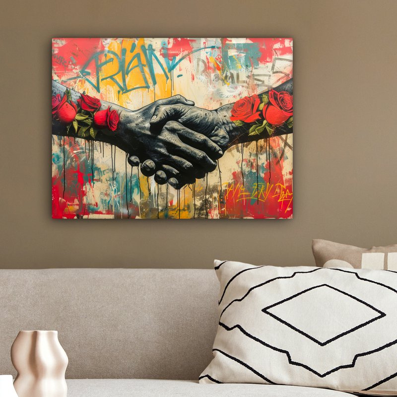 Canvas schilderij - Wanddecoratie Graffiti - Rozen - Handen - Street art - Muurdecoratie woonkamer - Slaapkamer decoratie - Kamer accessoires - Schilderijen op canvas