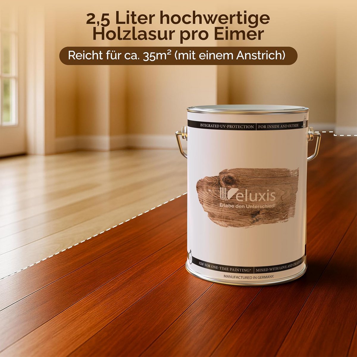 Veluxis® Hochwertige Holzlasur für Innen und Außen - 2,5 Liter, seidenglänzend, lösemittelfrei und UV-stabil, wetterfest - Made in Germany (Kiefer)