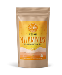 Vegan vitamin D3 supplement in a beige pouch with yellow accents. Contains 5000 IU of vitamin D3 per serving.