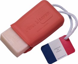 Watermelon-shaped soap case made of soft, durable silicone material in a vibrant red color. Includes a hanging cord for easy storage.