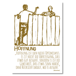 A postcard with the German word "Hoffnung" (meaning "hope") and an illustration of three people standing together. The postcard appears to be a good luck or inspirational card.