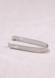 Silver serving tongs, sleek metallic design, elongated handles, kitchen utensil, elegant serving tool.