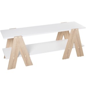 WHITE WOOD TV TABLE WITH OAK COLOR WOODEN LEG 2 LEVELS_ 120X38X46CM SHELF:120X34X1.8 ST72283