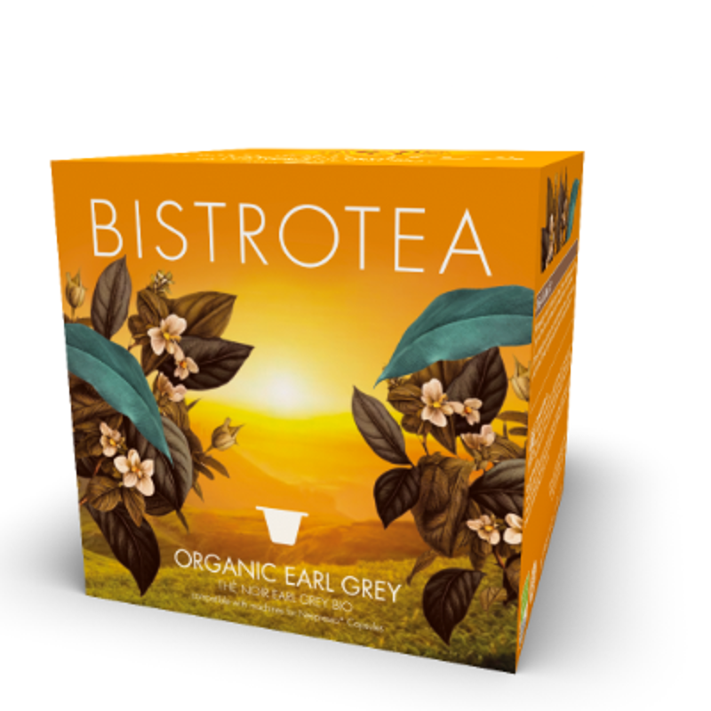 pudełka zawierające 50 kapsułek z organiczną czarną herbatą Earl Grey kompatybilnych z ekspresami Nespresso®