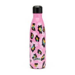 A 500ml stainless steel water bottle with a pink leopard print design, perfect for travel and staying hydrated.