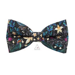 Floral and animal print bow tie with coral accents, suitable for formal or casual wear.