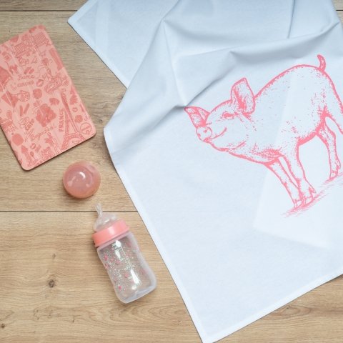 Witte theedoek, PIG, roze
