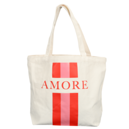 Cream-colored canvas tote bag with bold red "AMORE" text and stripes, suitable for everyday use as a shopping or beach bag.