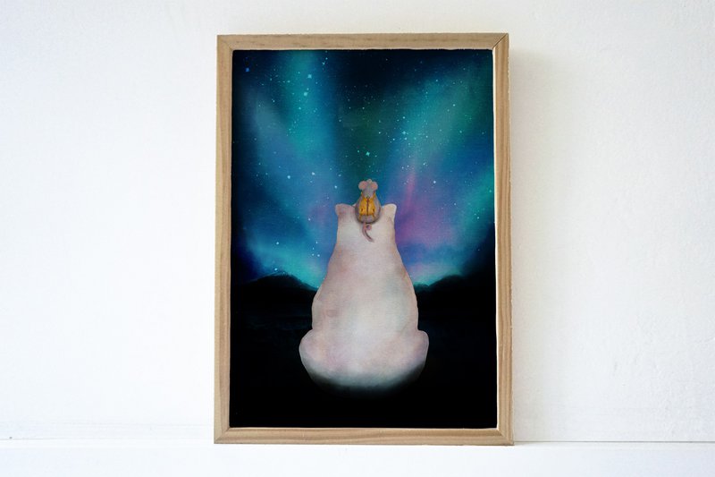 Poster Polar bear looking at Northern Lights