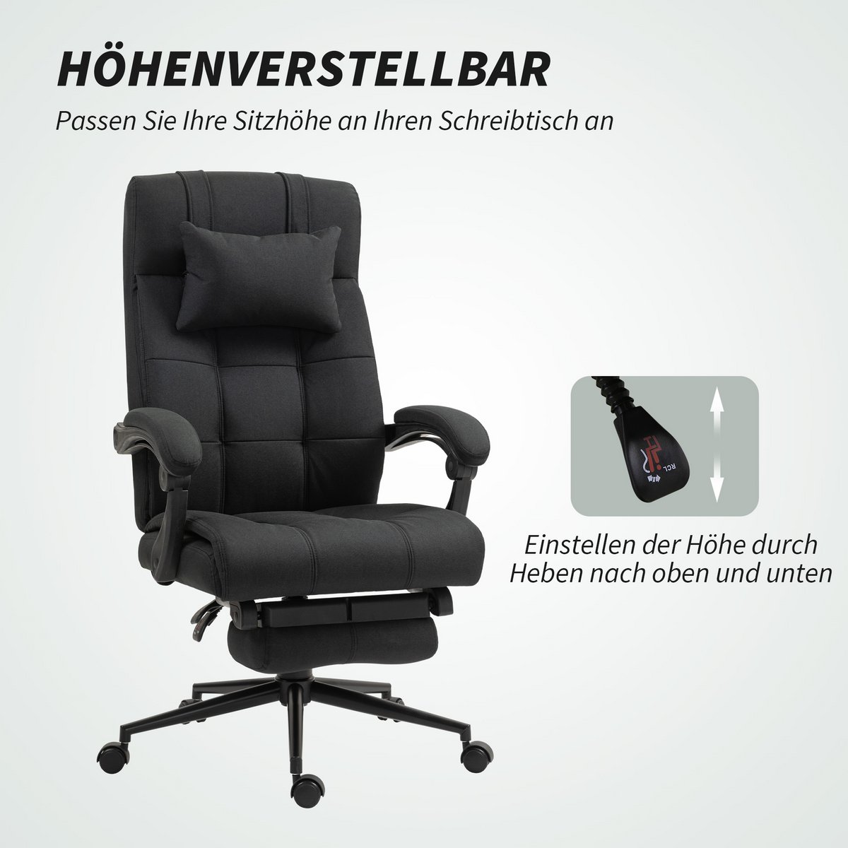 Office chair with pillow armrest Desk chair with tilt angle Height-adjustable swivel chair with footrest Linen foam PVC Light gray 66 x 76 x 112-120 cm