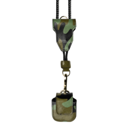 Camouflage green AirPods case with carabiner, suitable for keychains.