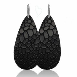 Black leather teardrop earrings with a textured, reptile-inspired pattern. Available in multiple sizes and metal finishes including sterling silver and gold-plated.