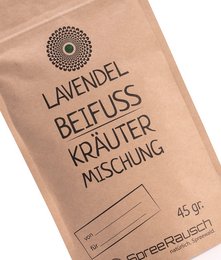 Lavender mugwort tea blend in a paper bag from SpreeRauch, featuring a herbal blend for various uses.