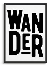 Black and white wall art print with the word "WANDER" in bold, uppercase letters. Available in multiple sizes.