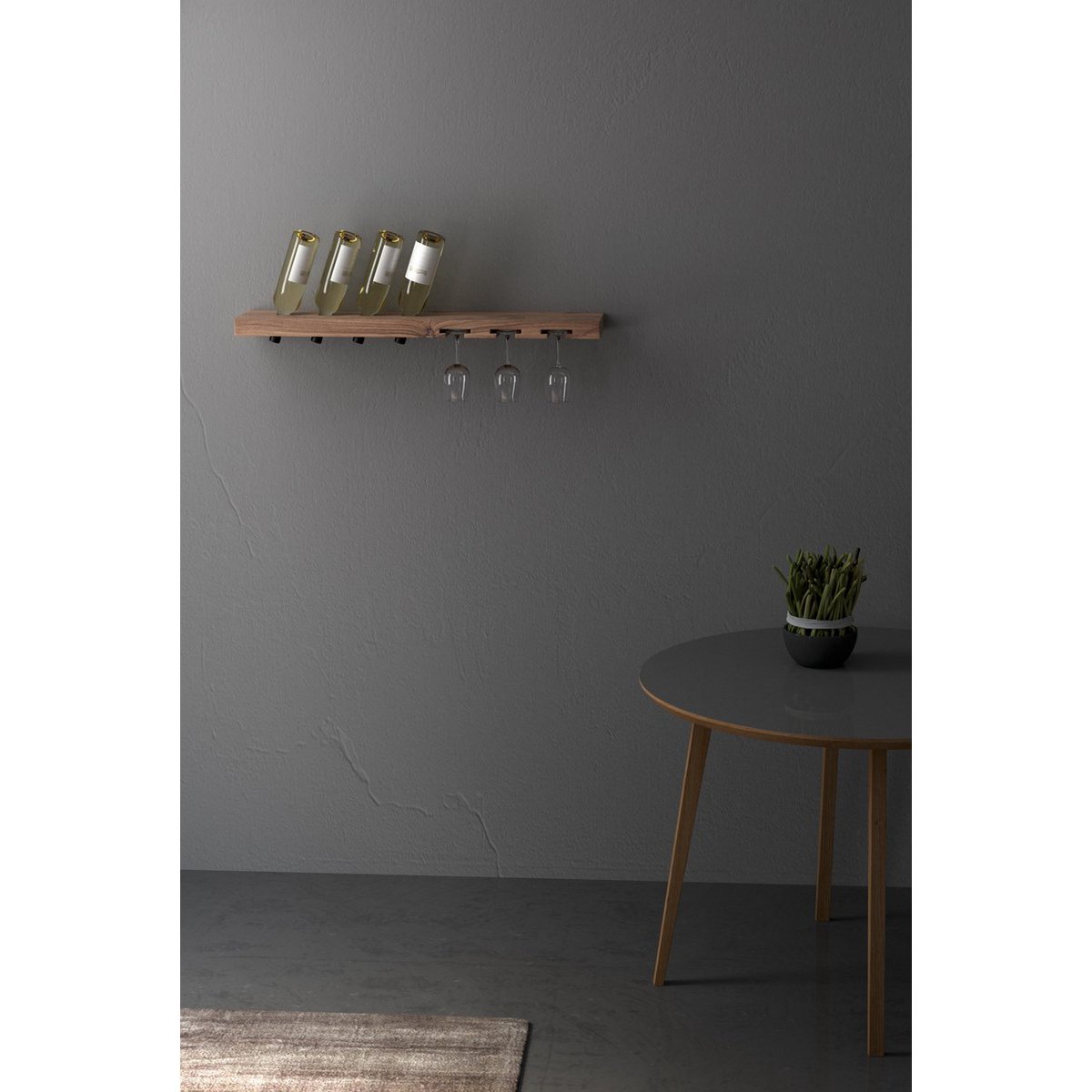 Tu Las™ Portabotellas de madera que incluye copas de vino y portacopas de champán - 94 x 22 x 4 cm - Portabotellas de vino flotante - Montaje en pared - Madera de nogal