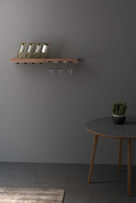 Tu Las™ vinflaskeholder i træ inklusive vinglas og champagneglasholder - 94 x 22 x 4 cm - Flydende vinflaskeholder - Vægbeslag - Valnøddetræ