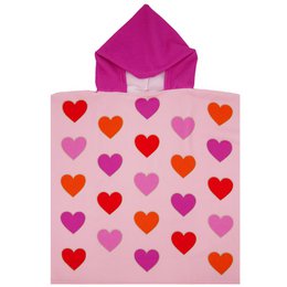  A pink microfiber poncho for kids, featuring a heart pattern design. The poncho measures 60x60 cm and has a weight of 250g/m².