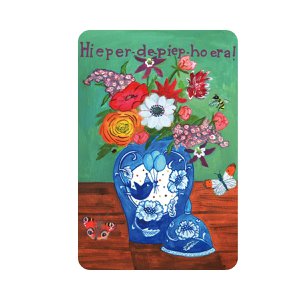 Sustainable Eco Flowers Congratulation Map With Text Hieper De Piep Hooray | Cheerful hip birthday card Colorful Delft Blue Greeting Cards with Animals, Butterflies, Insects and Plants