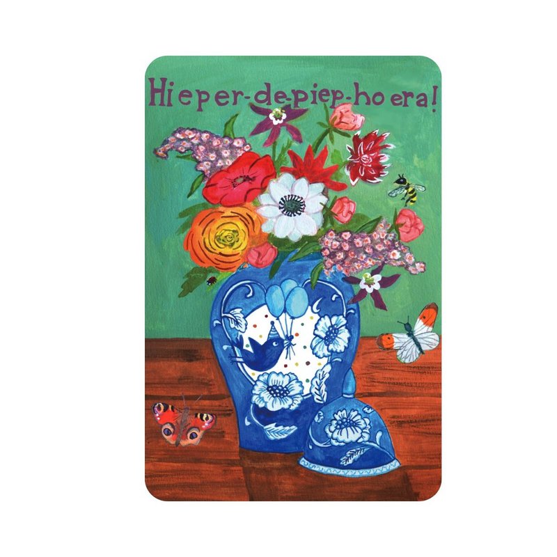 Sustainable Eco Flowers congratulations Card with text Hieper de beep hooray | Szczęśliwa kartka urodzinowa hipisa | Colorful Delft Blue Greeting Cards with animals, butterflies, insects and plants