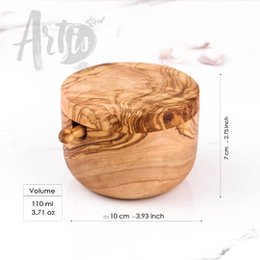 Salero de madera de olivo hecho a mano con tapa y cuchara