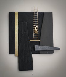 Abstract painting with a ladder and geometric shapes in black, gray, and gold tones.