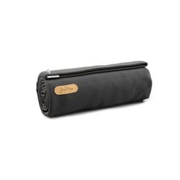 Cylindrical black fabric case with zipper closure and metal accent. Suitable for storing and transporting small items.
