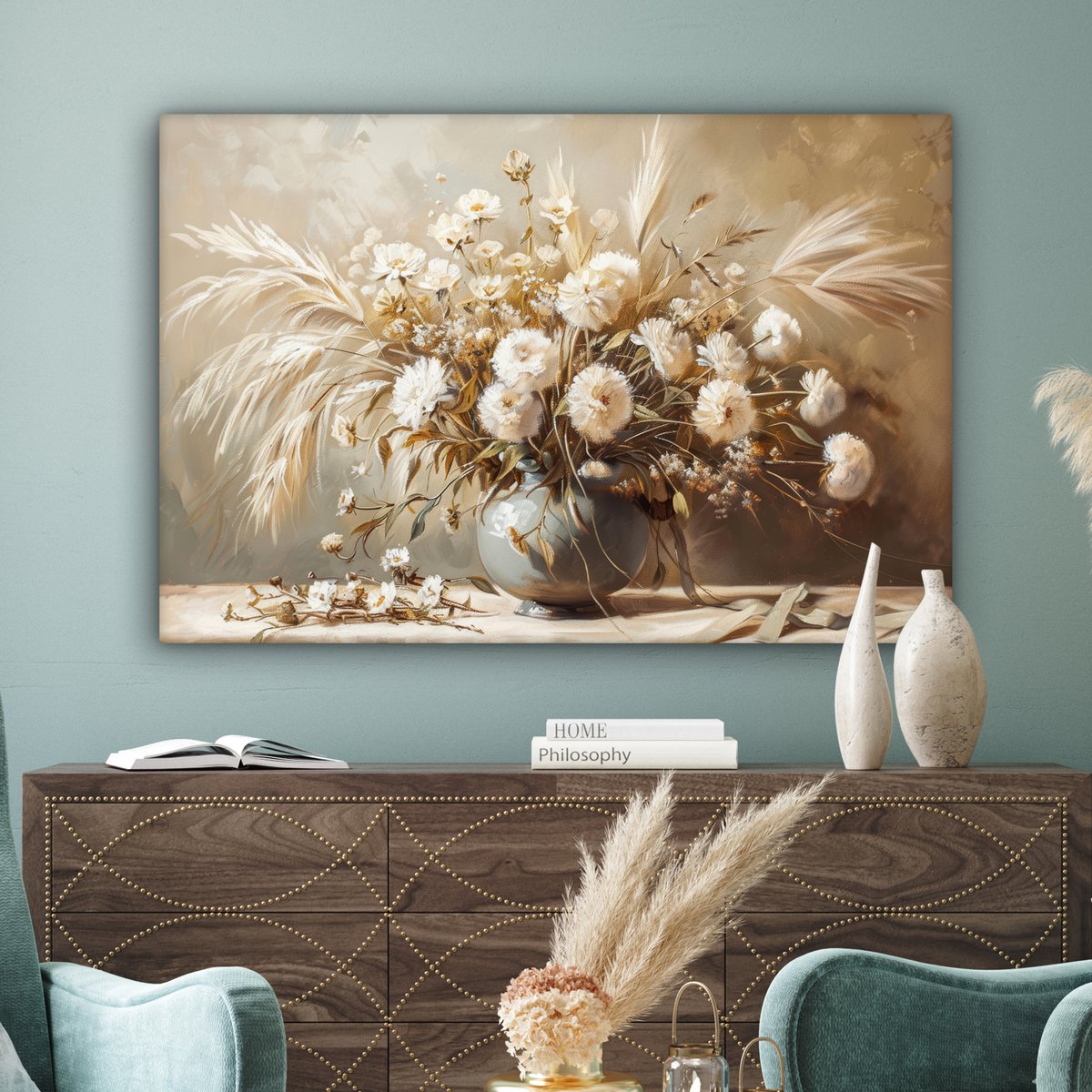 Canvas schilderij  - Wanddecoratie - Bloemen - Vaas - Stilleven - Beige