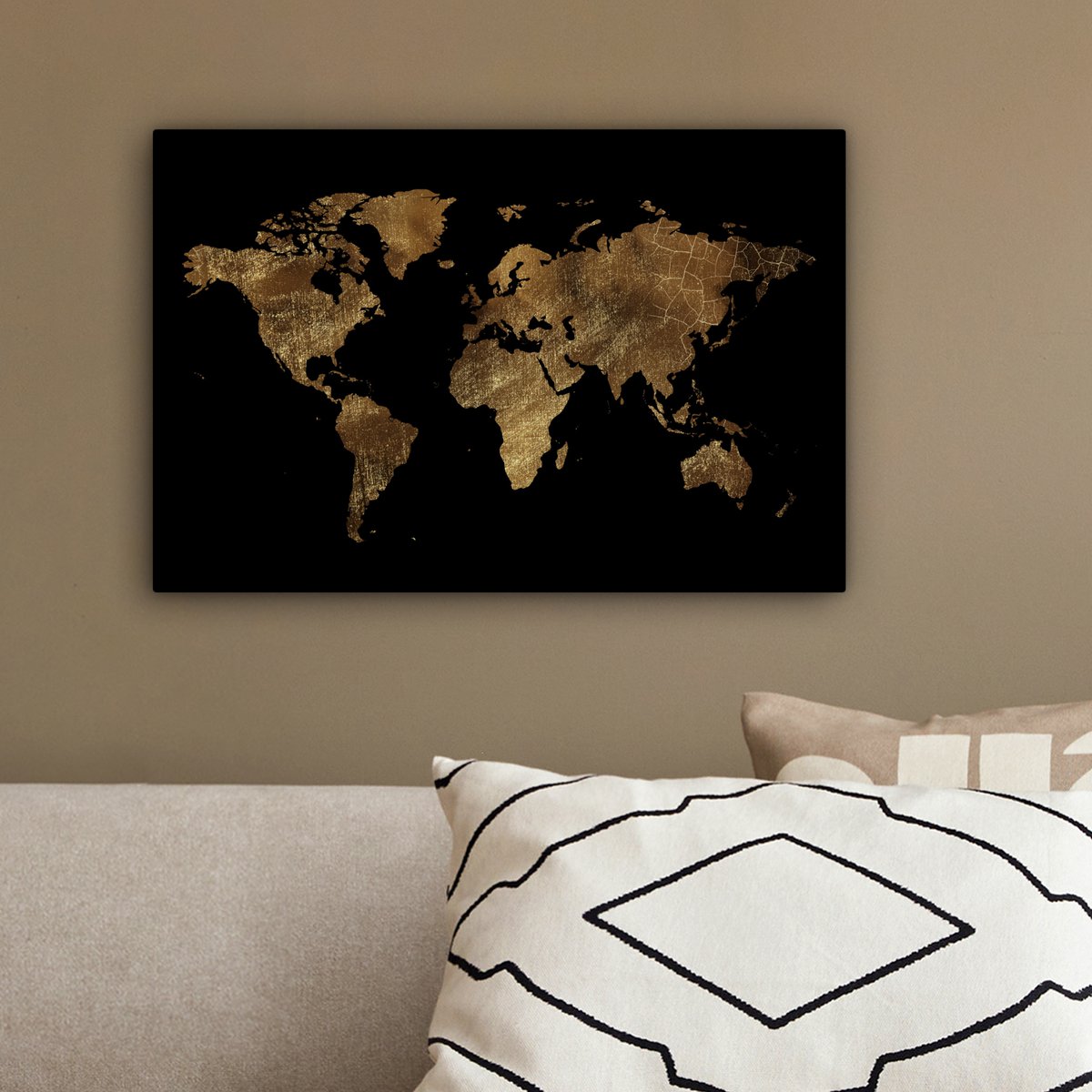 Canvas schilderij  - Wanddecoratie - Wereldkaart - Goud - Luxe - Aarde - Zwart