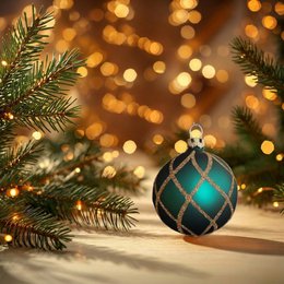  Set of 6 petrol blue and gold matt Christmas ornaments, spherical shape with diamond pattern.