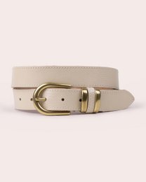 Classic leather belt with statement gold buckle, available in black, off white, and wine colors.