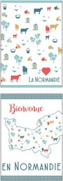 A printed kitchen towel featuring a variety of Normandy-inspired designs, including cows, apples, and other regional symbols. The towel is made of 100% cotton and measures 70x50cm.