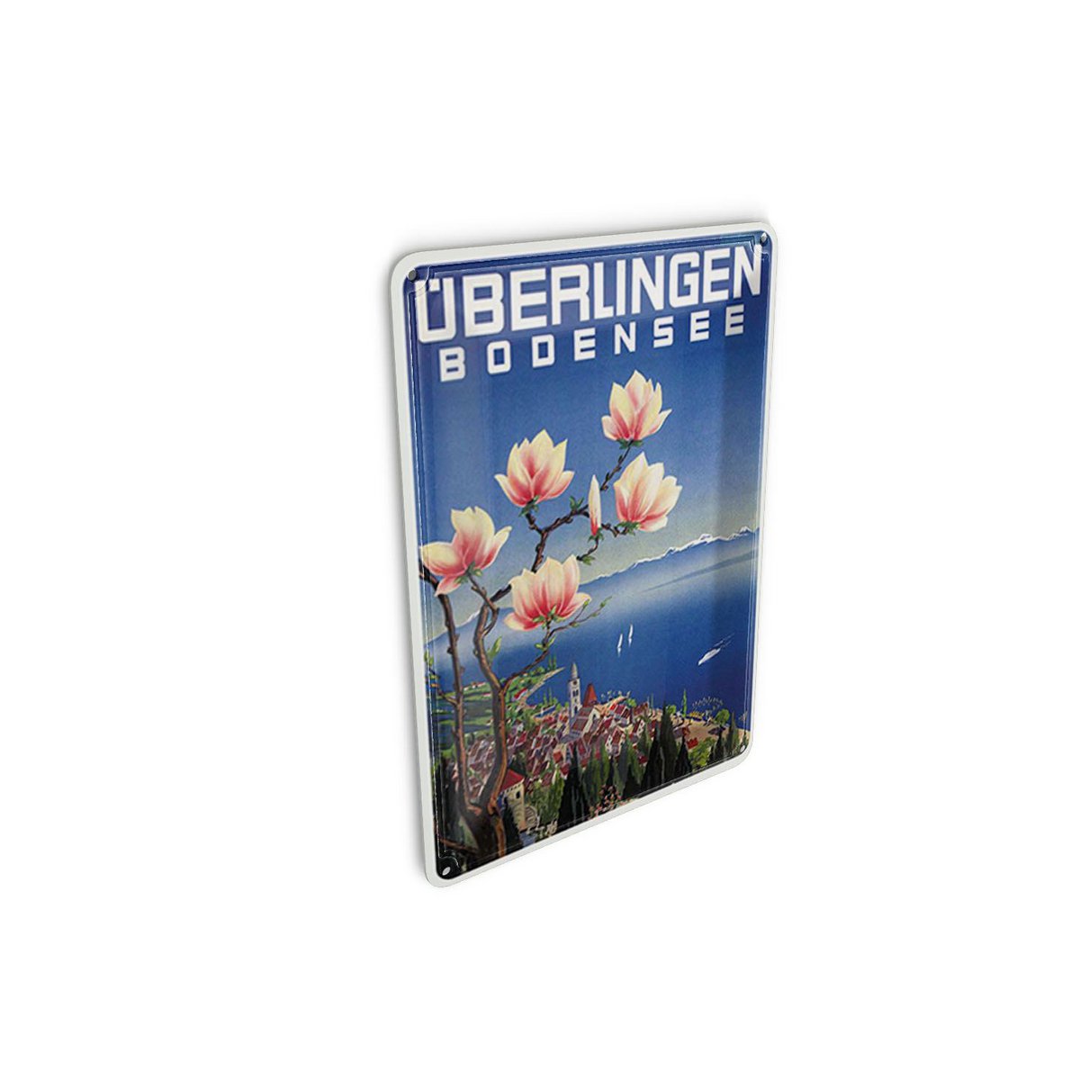 Cartolina da viaggio in metallo 10x14 cm Überlingen Lago di Costanza fiori decorazione lago