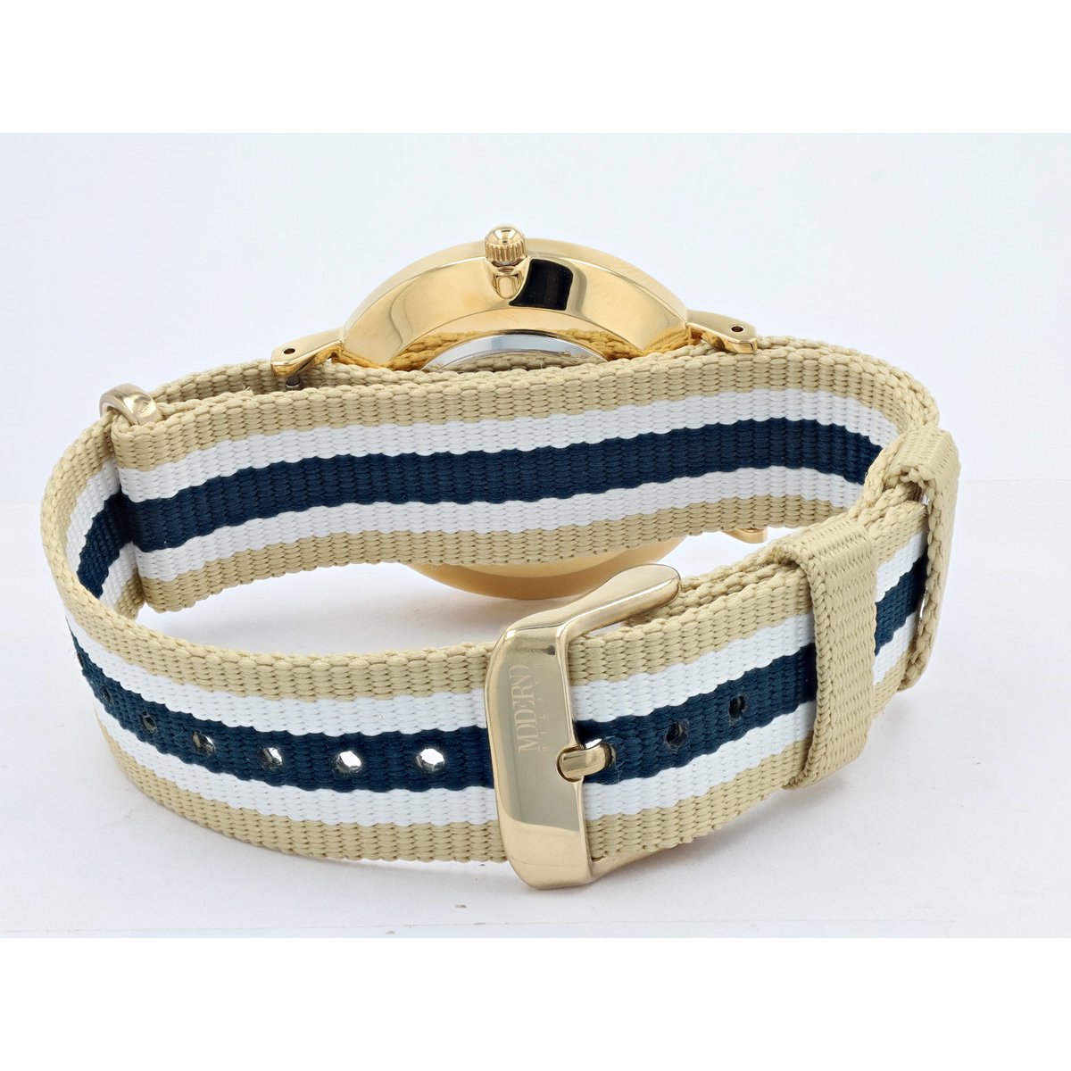 Montre pour femme Moderno Milano en acier inoxydable 36,5 mm, verre saphir et bracelet NATO en nylon (bleu-beige-blanc), couleur or