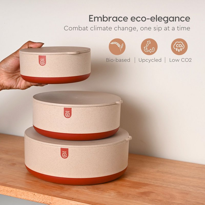 Ecofy Terravo Storage Containers For Kitchen | 1200ml, 2200ml, 600ml | Pack Of 3 | Storage Bowls Made with Rice Husk Biocomposite | Bowl With Lid | Antiskid & Airtight Containers TUV Certified