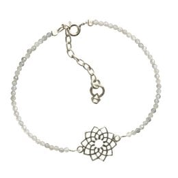 Silver-toned charm bracelet with a floral charm and beaded chain.
The product is a silver-toned charm bracelet with a floral charm and a beaded chain. The bracelet features a delicate, intricate floral charm made of silver-toned metal. The chain is composed of small, round beads in a neutral color, likely silver or gray. This bracelet has a minimalist, elegant style that would complement a variety of outfits.