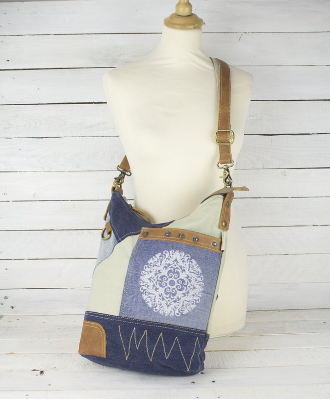 Sunsa Damen Nachhaltige Umhängetasche. Schultertasche aus recycelte Jeans & Canvas ( Segeltuch). Handtasche Vintage retro Stil. Crossbody Tasche für Frauen mit Mandala Aufdruck