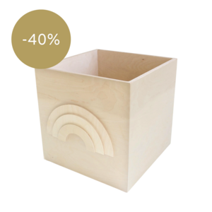 Wooden storage bin on wheels with rainbow