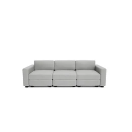 Grey modular three-seater sofa with clean lines, contemporary design, comfortable seating for three people.