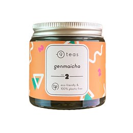 Organic genmaicha tea in a medium (100g) or small (40g) jar. This Japanese green tea is blended with roasted brown rice for a nutty, toasted flavor.