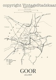 'Vintage-style poster featuring a map of Goor, a city in the Netherlands. The poster includes details about the city such as its name, location, and a detailed map showing the road network.'
The vintage-style poster features a detailed map of the city of Goor in the Netherlands. The map shows the road network and layout of the city. The poster includes the name "Goor" prominently displayed. The overall style and design of the poster gives it a vintage, historical feel.