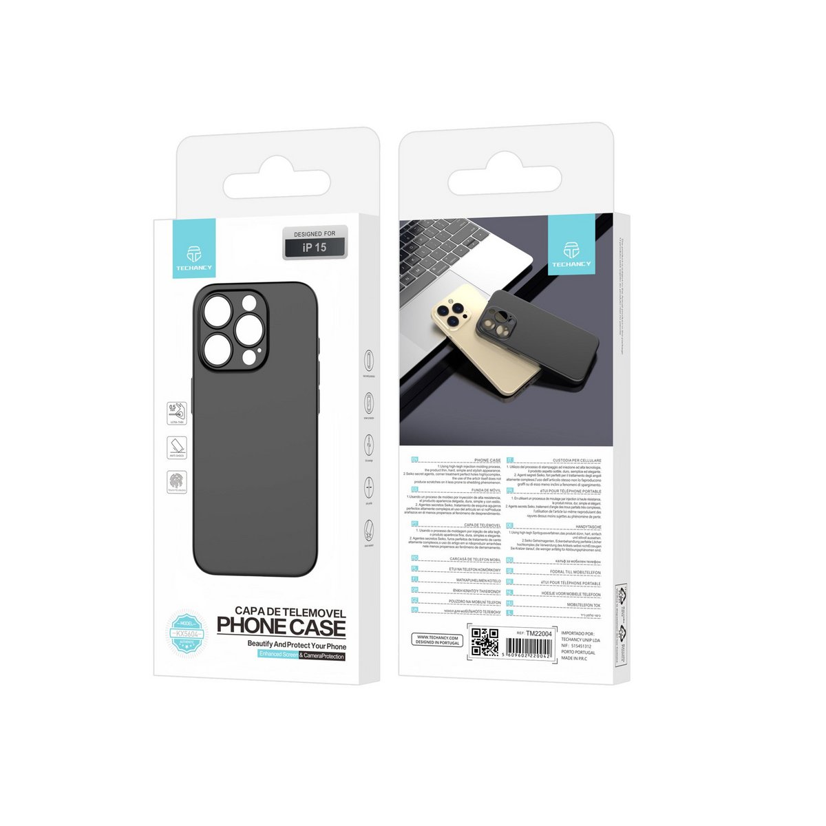 Techancy Capa Para Telemóvel Ultra Fina Preta KX5604, Compatível Com O Telemóvel Iphone 15, Material Pp De 0,5 Mm.