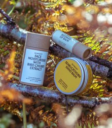 Nourishing skincare trio featuring lip and hand balm, face moisturizer with birch and cherry, artisan quality.