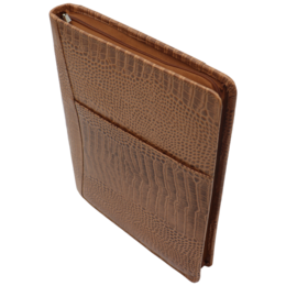 A leather writing case with a conference folder and zipper, available in various colors including black, cognac, brown, dark blue, pink, yellow, and green.