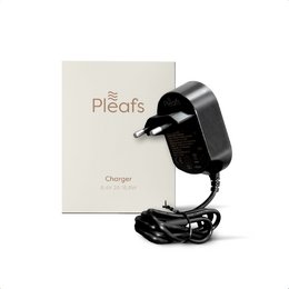 Compact, black USB-C charger for Pleafs® products. Charges devices quickly and efficiently.